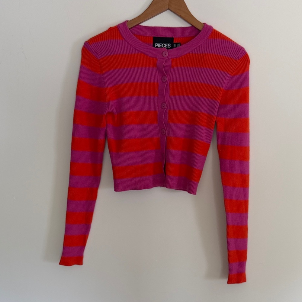 PIECES Striped Ribbed Cropped Cardigan — Pink & Orange
